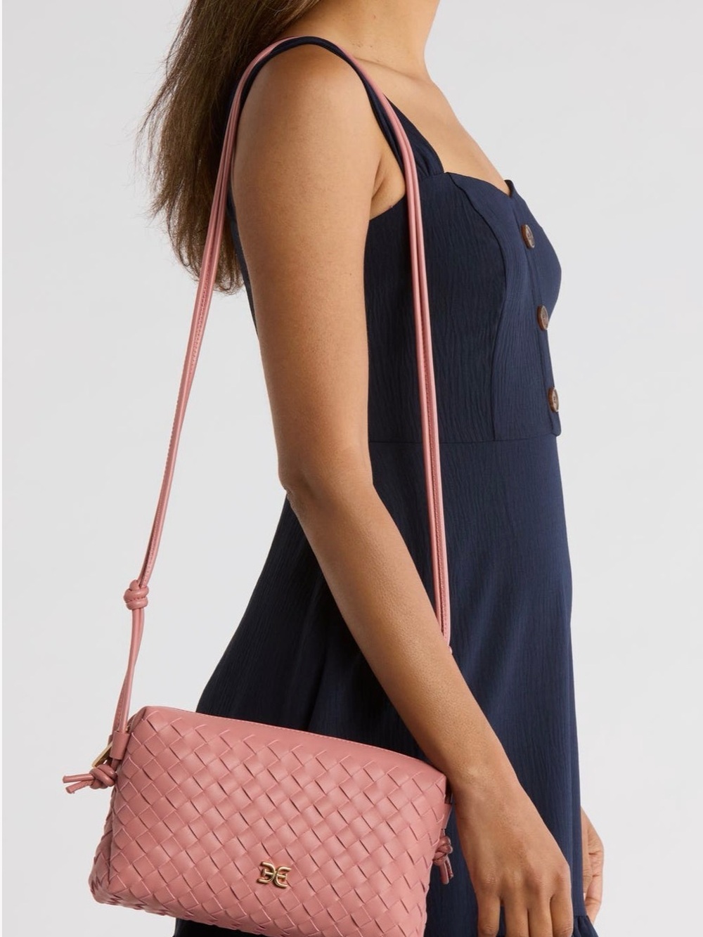 New! Sam Edelman Woven Soft Pink “Margo” Leather Crossbody Bag - Picture 2 of 16